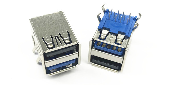 双层USB 90度 DIP 上2.0下3.0 PBT蓝色环保防火 SUS201外壳镀Ni