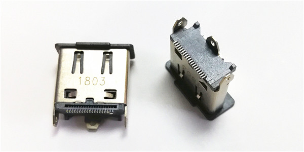 HDMI 180度 19P SMT 无锁扣 14.0H 脚长2.2 加防尘盖 载带包装 半金锡15u LOTES LOGO 激光喷码
