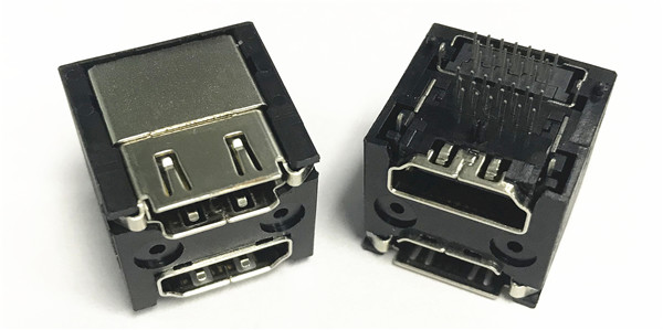 双层HDMI 90度DIP不带弹片 LCP黑色带柱 端子半金锡G.F