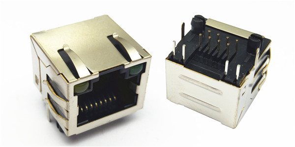 RJ45 90°DIP带弹带灯（左黄右绿） PBT环保防火