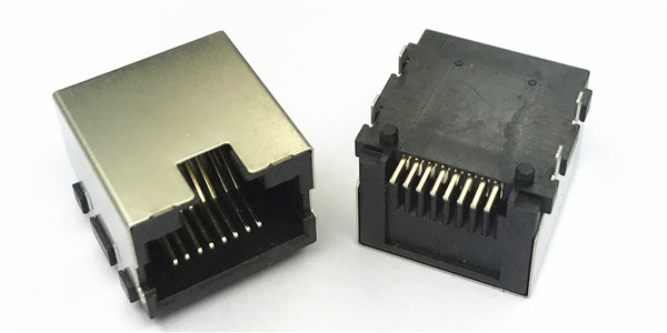 RJ45单孔 90° 带双柱 插针结构SMT规格 PA9T黑色 全金G.F接触区3u 无LOGO